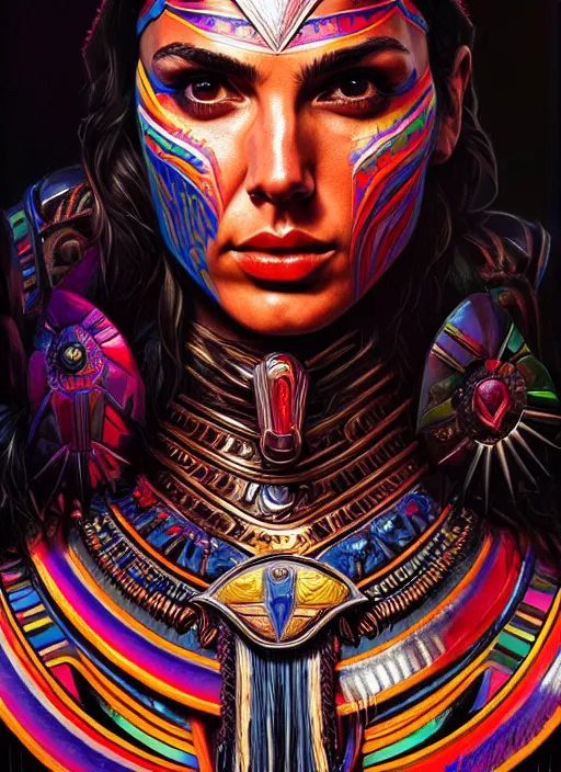 Image similar to portrait of gal gadot, hyper detailed ultra sharp aztec shaman warrior. trending on artstation, warpaint aesthetic, bloodwave, colorful, psychedelic, ornate, intricate, digital painting, concept art, smooth, sharp focus, illustration, art by artgerm and greg rutkowski and h. r. giger, 8 k