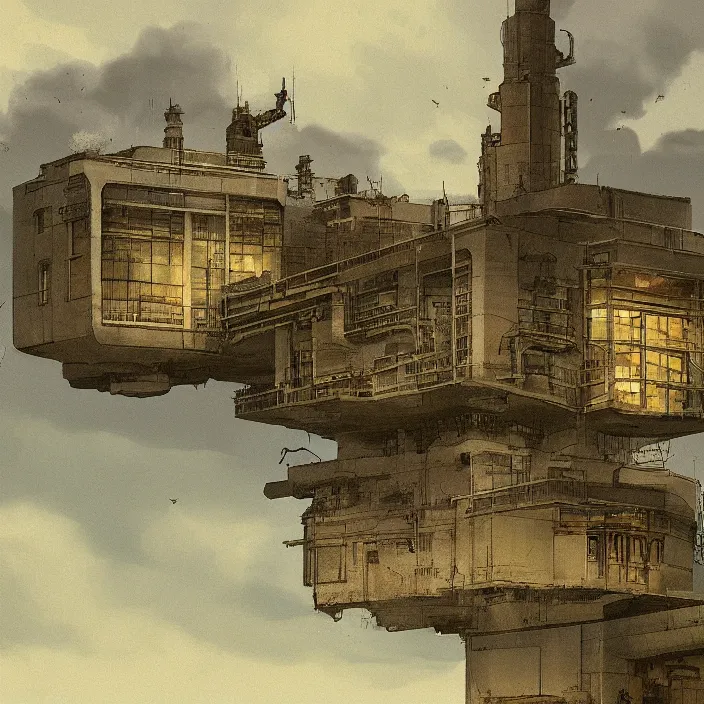 Image similar to a building in a serene landscape, dieselpunk