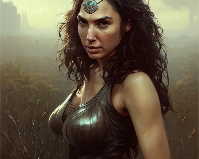 Image similar to highly detailed portrait of gal gadot, in the walking dead, stephen bliss, unreal engine, fantasy art by greg rutkowski, loish, rhads, ferdinand knab, makoto shinkai and lois van baarle, ilya kuvshinov, rossdraws, tom bagshaw, global illumination, radiant light, detailed and intricate environment