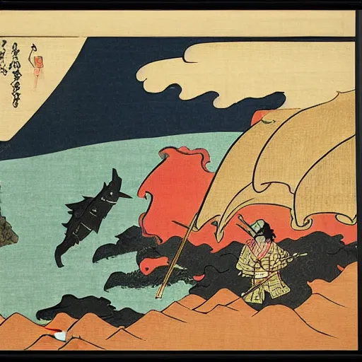 Prompt: samurai on a beach facing the sea, godzilla coming out of water causing a tsunami, ukiyo - e, japanese wood painting