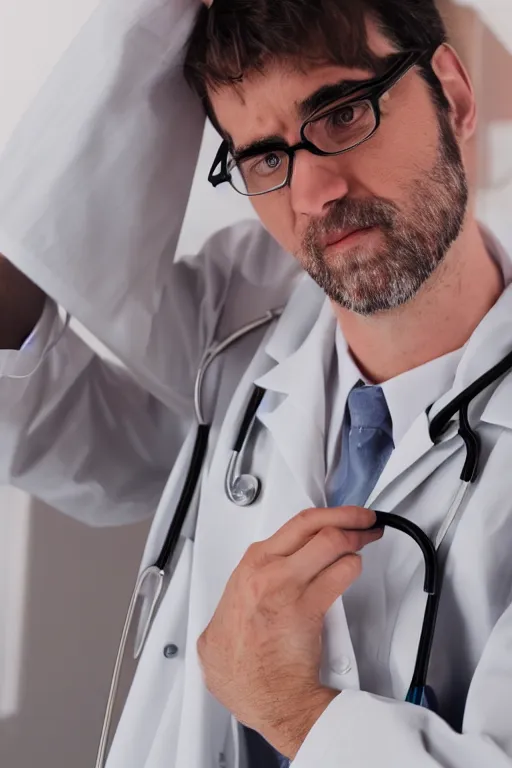 Prompt: a tired male doctor portrait, broken spectacles, stethoscope, baggy eyes, artstation trending, 8k, 4k, 2k, hd, close mid-shot
