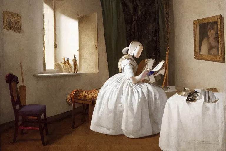 Prompt: a young lady in a baroque white dress, studying with headphones in a messy teenager's room by makito shinkai and vermeer, warm light, highly detailed