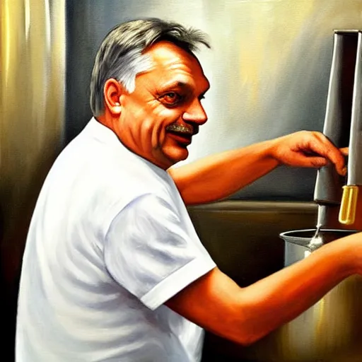 Image similar to viktor orban brewing beer in his kitchen, oil painting