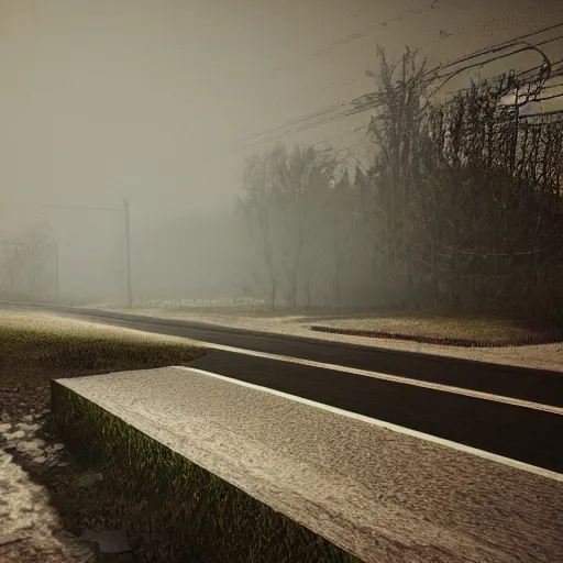 Image similar to drone fottage of an old abandoned road lomography photo, playstation 5 screenshot, fine details, rain, rtx reflections, soviet suburbs, fog, night, photorealistic, unreal engine, octane render, volumetric light, featured on cg society, 4 k, 5 0 mm bokeh