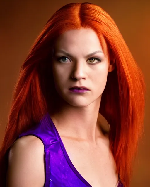 Prompt: dramatically - lit closeup portrait photograph of daphne from the scooby - doo live - action film ( 2 0 0 2 ), sharp details, vignette, high saturation, smooth textured skin, subsurface scattering, purple outfit, photograph by mark mann and martin schoeller and annie leibovitz, 4 k, soft focus, centered, symmetrical
