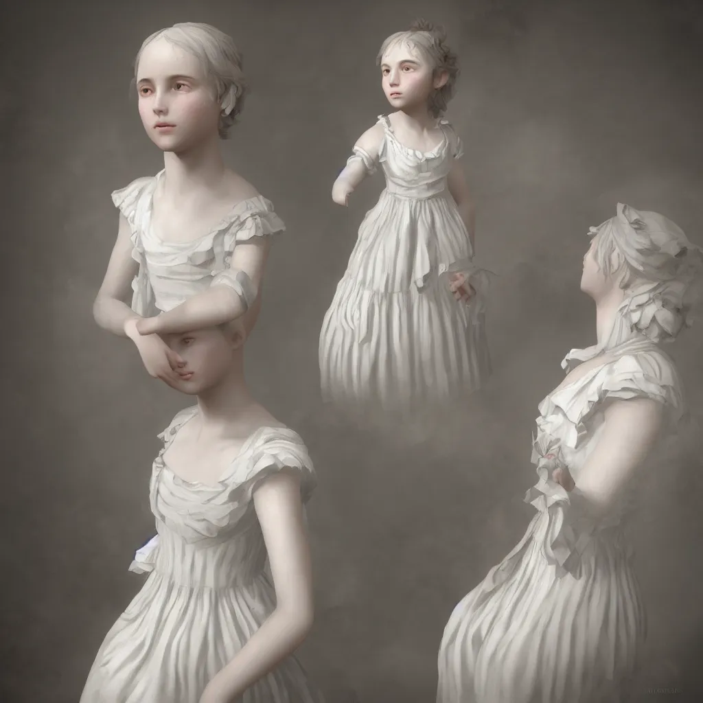 Prompt: a wonderful emotional neoclassical portrait of a young girl with a white roses cotton dress, dramatic light, unreal engine 5 rendered, octane rendered
