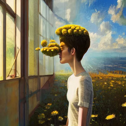 Image similar to giant daisy flower head, woman standing next to modern window in luxury loft, surreal photography, sunlight, impressionist painting, digital painting, artstation, simon stalenhag