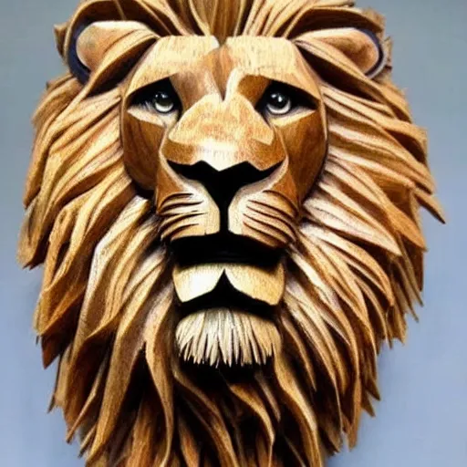 Prompt: lion made out of wood, detailed, realistic,