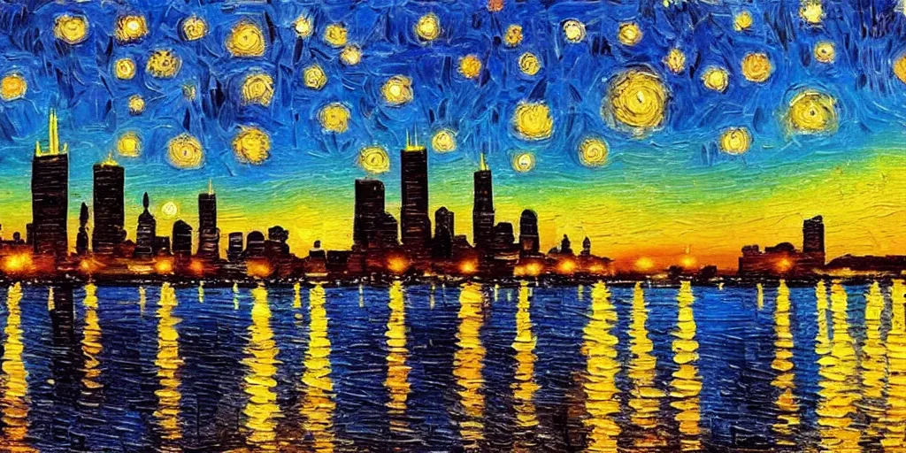Prompt: painting of the chicago skyline in the style of van gogh sunset
