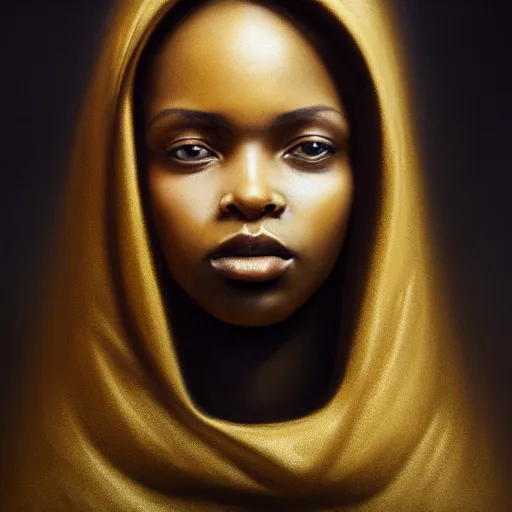 Image similar to a portrait of a young black woman wearing a long dark cloak, hood and shadows covering face, anatomically correct, beautiful perfect face, enigmatic, oil painting, matte painting, black background, Volumetric Golden dappled dynamic lighting, Highly Detailed, Cinematic Lighting, Unreal Engine, 8k, HD, by Beksinski