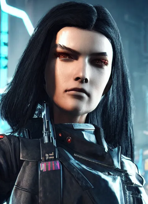 Image similar to black haired woman in a trench coat in a black cyberpunk 2 0 7 7, intricate, ultra detailed, face enhance, realistic