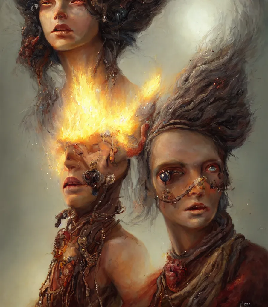 Prompt: oil portrait | character | full medium shot | front close - up | dressed in long rags with minerals, fire in your hair, ethereal, accurate goddess, micro details, tiny mineral embellishments on the face, particles, octane render, aertstation, fine art, intrincate. by peter mohrbacher, marc simonetti, anna podedwor, cyborg