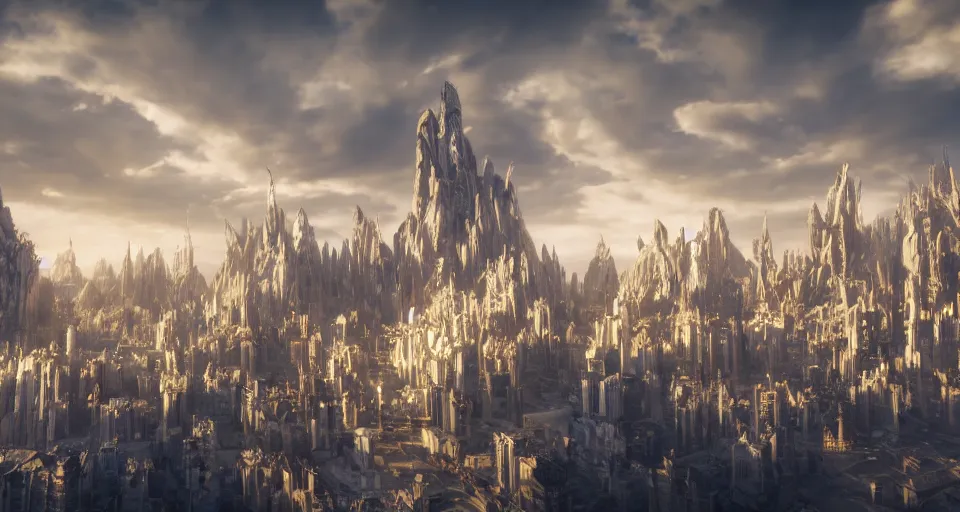 Prompt: majestic futuristic elf city made of white stone and decorated with gold, epic buildings, dramatic light clouds, cinematic sky, sunrise, 8 k, unreal engine 5, sharp