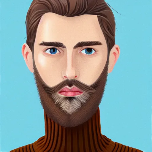 Image similar to gangly man with short light brown wavy hair, light brown stubble beard, no mustache, English heritage, blue eyes, middle aged, wearing a turtleneck and jacket, pale skin, narrow face, digital art, painterly, cartoon, cute, 8k, illustration, art by loish, painterly, trending on artstation, medium shot, uncropped