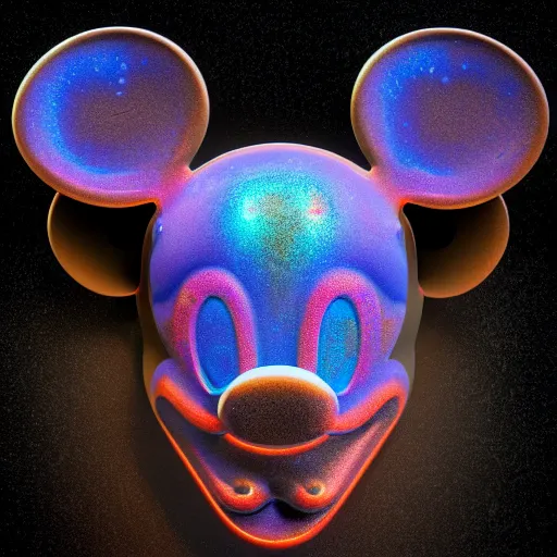 Image similar to counterfeit mickey mouse head, fractal, fractured broken, DMT dystopia, melting, wet, mycelium, radiant alien, rococo, baroque, automotive, bio-mechanical, porcelain, iridescent, sub surface scattering, octane render, unreal engine 5