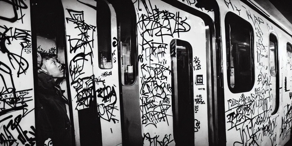 Image similar to subway cabin inside all in graffiti, man in stussy jacket closeup writing graffiti, night, film photography, exposed b & w photography, christopher morris photography