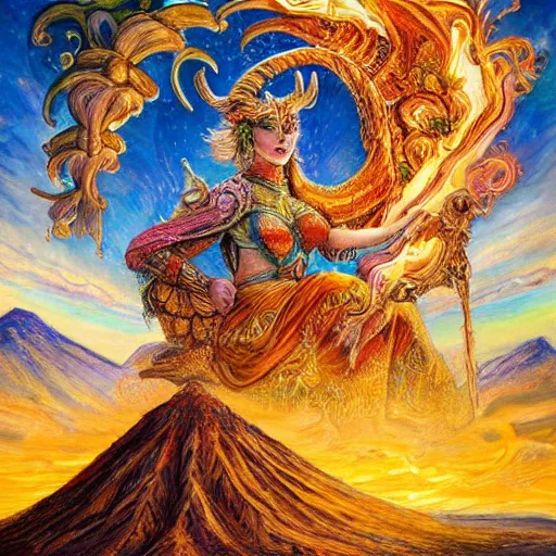 Image similar to painting by senior concept artist josephine wall, horned ram goddess checking her cell phone, erupting volcano and sunset in distance in background, flowers in foreground, trending on artstation, zodiac, fantasy, acrylic on canvas, intricately detailed, highly detailed, high resolution, hd, hdr, 8 k