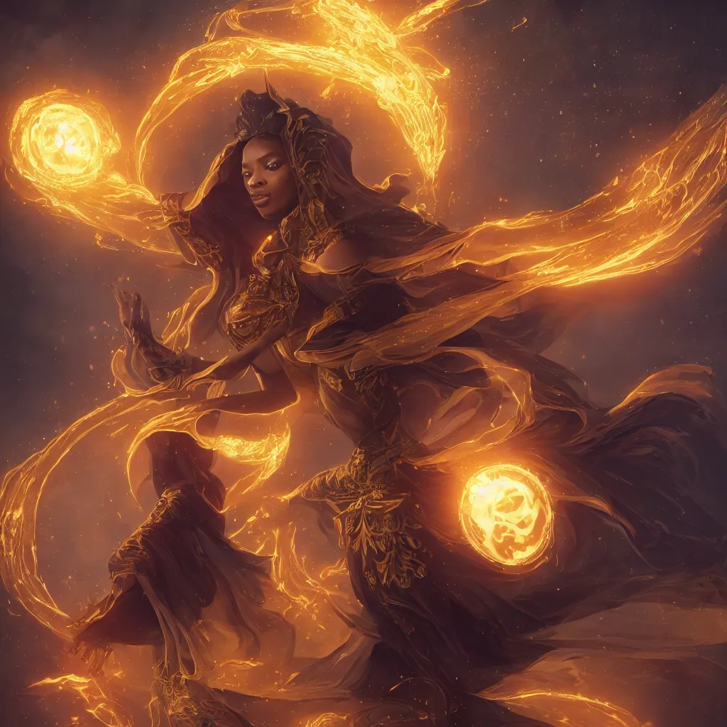 Prompt: gorgeous black woman as a spellcaster mage, dynamic pose full body, hand holding a golden fireball spell, intricate flowing robes, black and golden cloak and hood, Octane render, rule of thirds, golden ratio, 8k, Peter Mohrbacher