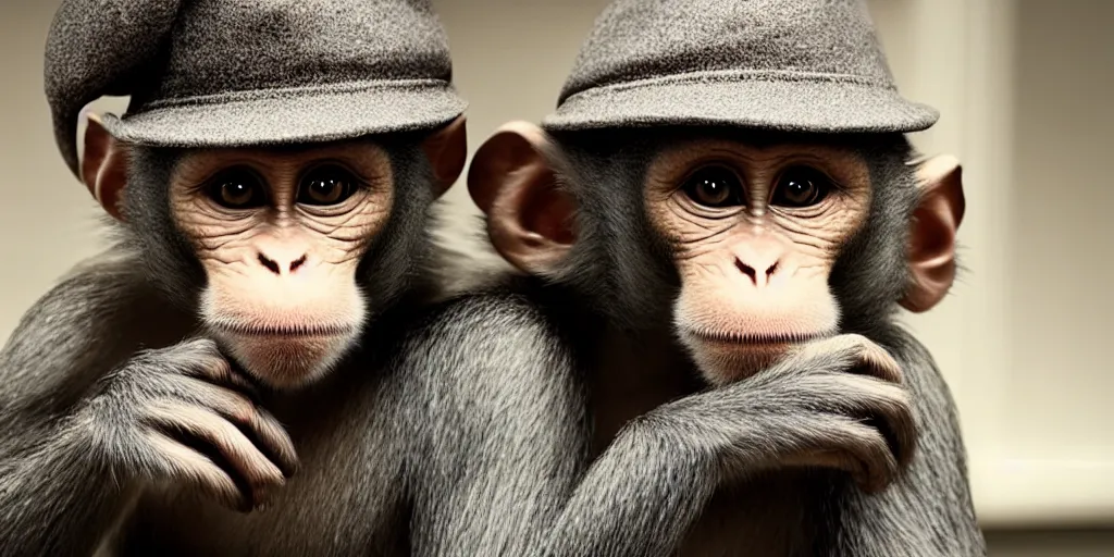 Image similar to monkey working at a bank, monkey clerk, monkey wearing nice hat, cinematic, realistic, high detail