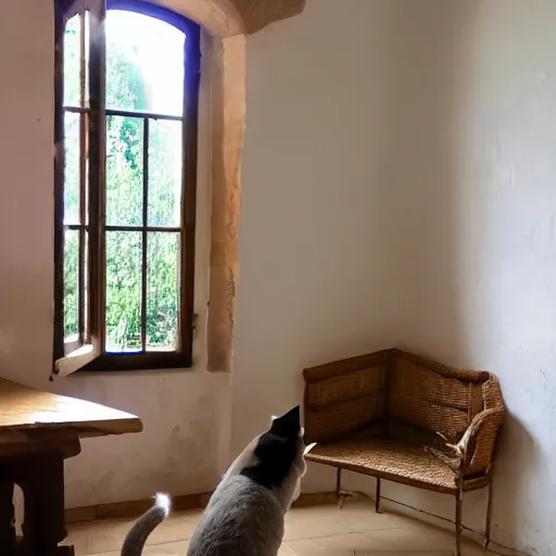 Image similar to Picture of very very very very filled provence interior room with cat sitting on the table,