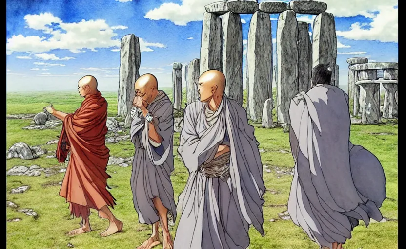 Image similar to a realistic anime watercolor fantasy concept art of a giant monk with a big forehead in grey robes partying in stonehenge. an immense stone is floating in the air. by rebecca guay, michael kaluta, charles vess