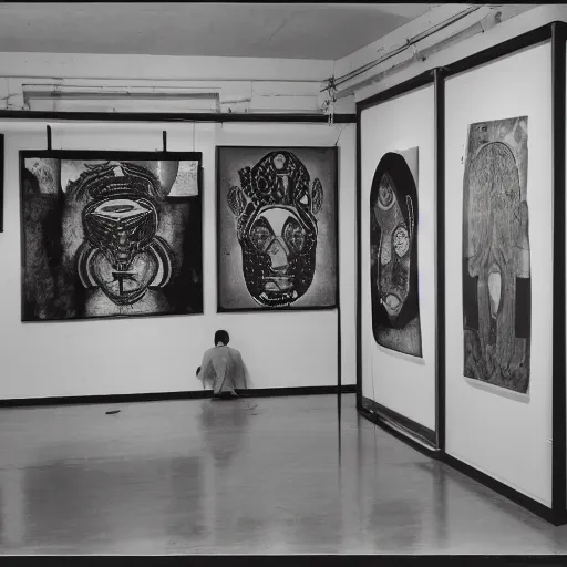 Image similar to A black and white screen print photography of gallery exhibition view from the 60s, neon light, anthropology, colonial, wild, exotic, masks, ethnography, screen printing