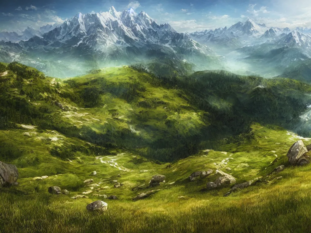 Prompt: realistic view from a mountaintop, high mountains, green meadow, alps, pyranees, digital painting, wallpaper, realistic lighting