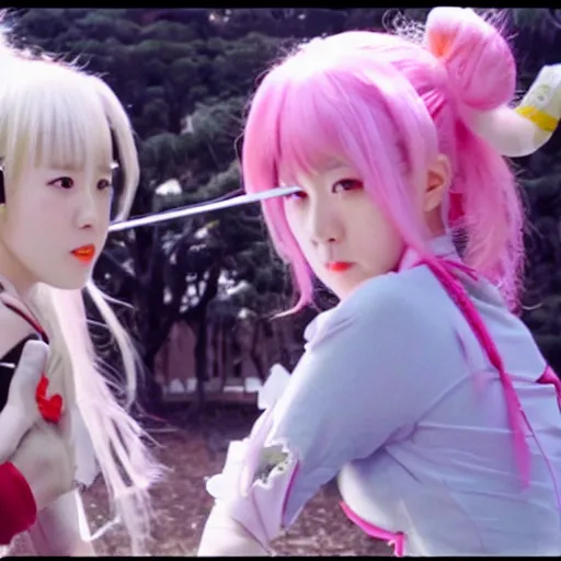 Image similar to a battle of two real-life mahou shoujo girl, still of an epic japanese movie scene