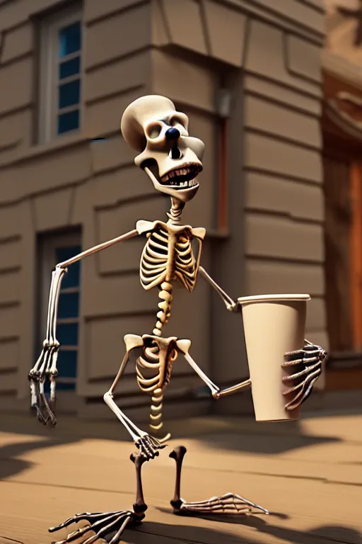 Image similar to a very expressive and funny skeleton character holding a cup of coffee on a horror mansion hall. pixar disney 4 k 3 d render funny animation movie oscar winning trending on artstation and behance. ratatouille style.