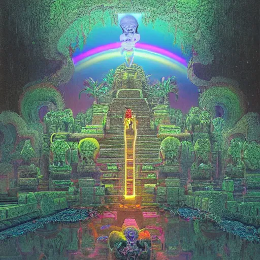 Prompt: overgrown jain temple of death with glowing mayan rainbow skulls, by michael whelan and moebius and beeple and kilian eng and dan mcpharlin and pascal blanche and jamie hewlett and richard dadd, symmetrical, magical stormy reflections, smoke on water, disco laser rays, 8 k