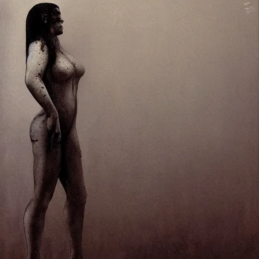 Image similar to Kaitlyn Michelle Siragusa, better known as Amouranth, full body portrait, by max ernst, by Zdzisław Beksiński, directed by Guillermo del Toro