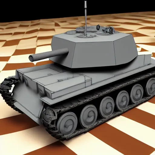 Prompt: 3d render of miniature tank driving over chessboard