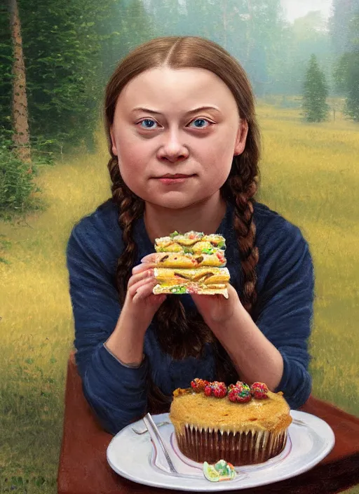 Prompt: greta thunberg eating cakes painted by thomas kinkade, detailed digital art, trending on Artstation