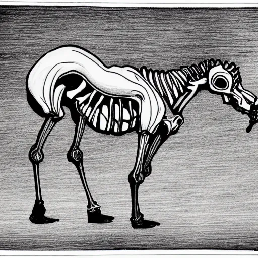 Prompt: skeleton horse eating apples from the grim reaper, detailed drawing,