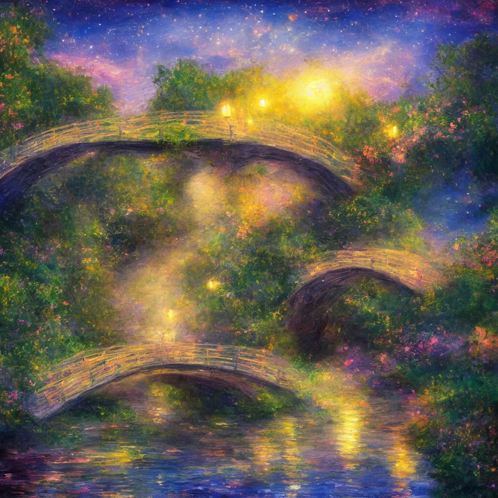 Image similar to fairyland bridge, outside of time and space, dreamy, romantic, dusk, expressive impressionist style, highly detailed, 8 k