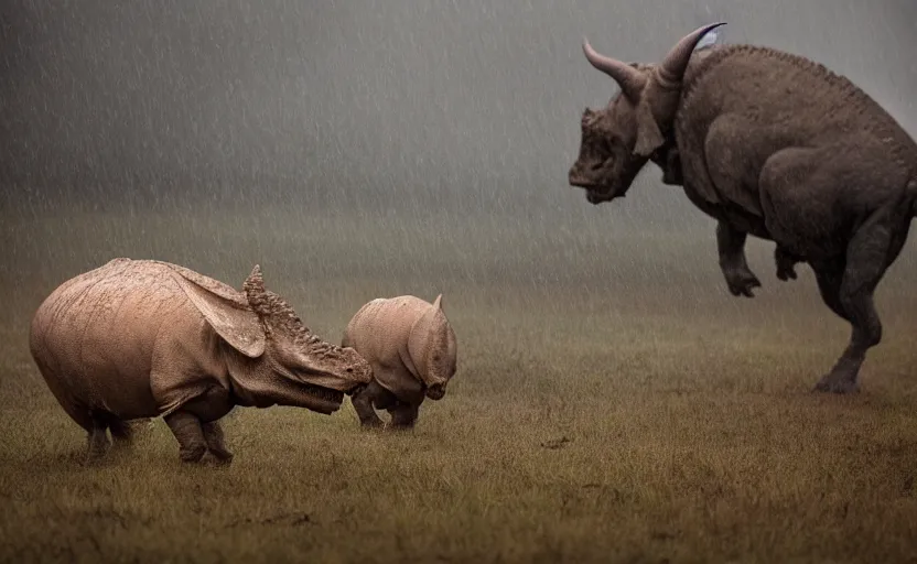 Prompt: nature photography of a rain soaked triceratops and her baby, african savannah, rainfall, mud, fog, digital photograph, award winning, 5 0 mm, telephoto lens, national geographic