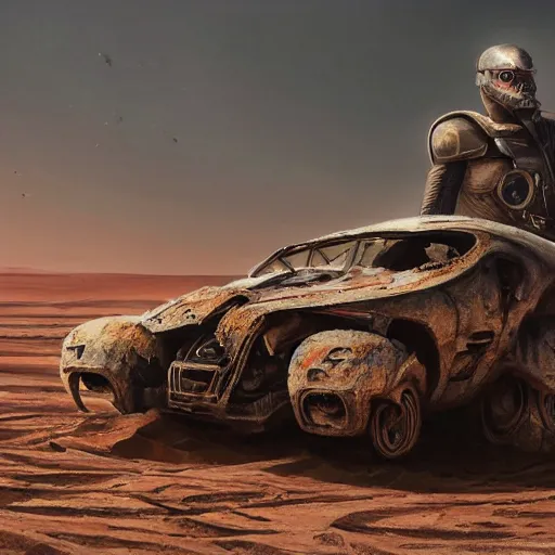 Image similar to painting of a sand landscape, futuristic, mad max style, wreckage of giant, buried, humanoid robots, oasis, 4 k, desolation