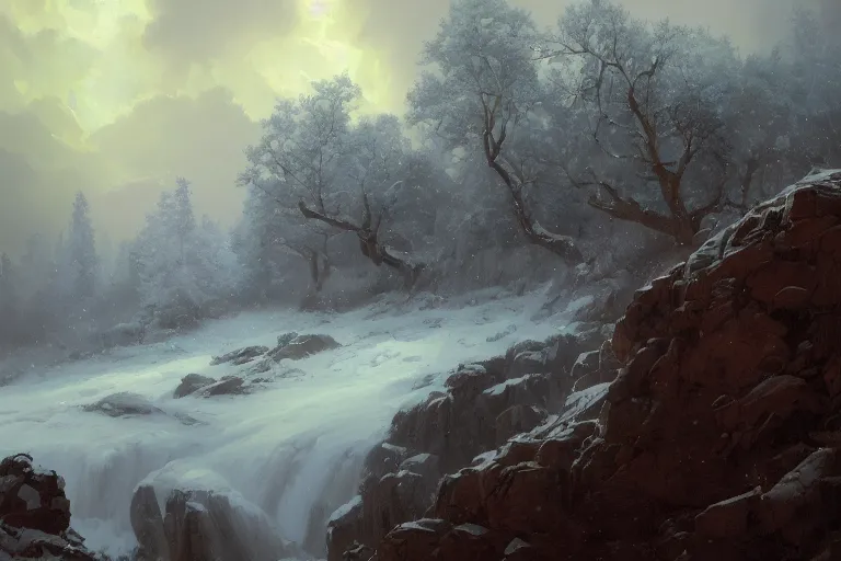 Image similar to a beautiful oil painting of a rocky valley covered in snow, trees with blue leaves, thunderstorm in the sky, blue lighting, gloomy, atmospheric lighting, detailed, beautiful!! by greg rutkowski, trending on artstation