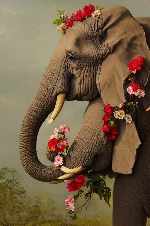 Prompt: elephant holding flowers in its trunk, oil on canvas, intricate, portrait, 8 k highly professionally detailed, hdr, cgsociety