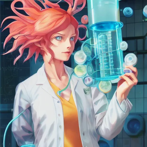 Image similar to British Pokemon original character with wild peach colored hair and heterochromia, Pixar style, beautiful woman, scientist, standing in a lab in front of a giant containment liquid filled tank, by Tristan Eaton Stanley Artgerm and Tom Bagshaw, Makoto Shinkai ilya kuvshinov and Wojtek Fus