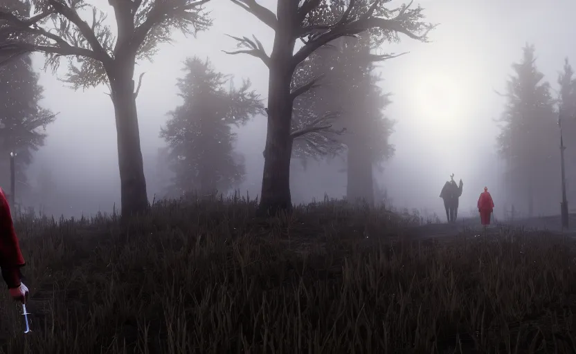 Image similar to Harry potter in Red Dead Redemption 2, night time, foggy, cinematic shot