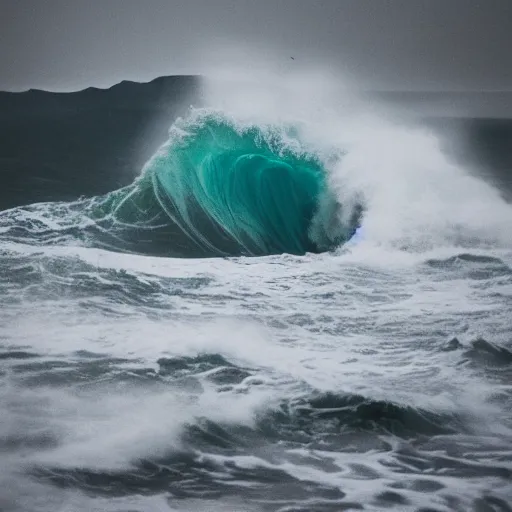 Image similar to dark ocean, towering waves, grey - scale, highly turbulent, deep focus, dark sky, high point of view, hands and faces