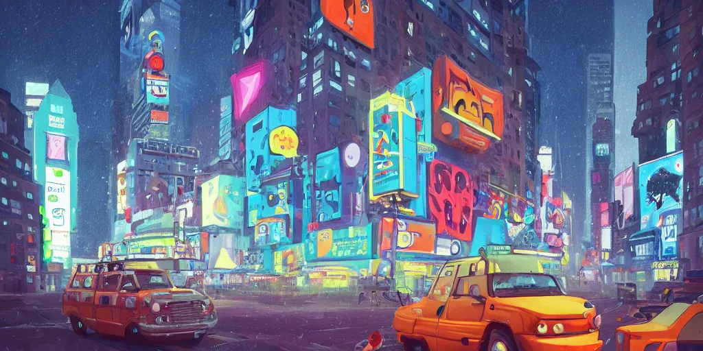 Image similar to cute cartoon striped monster in Times Square at night by Goro Fujita and Simon Stalenhag , 8k, trending on artstation, hyper detailed, cinematic,snowing
