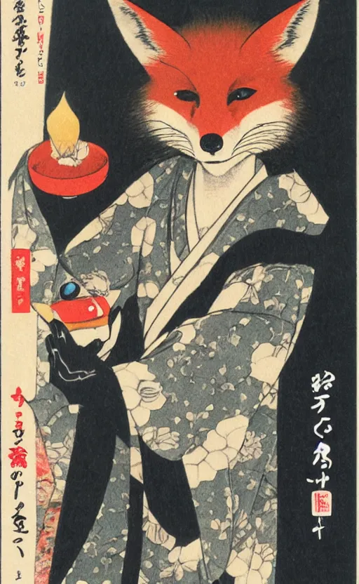 Prompt: by akio watanabe, manga art, a fox with kabuki makeup smoking pipe, trading card front, kimono, realistic anatomy, sun in the background