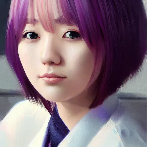 Image similar to Portret of Nakamura Aya, lilac eyes, straight hair cut in a bob, japanese school uniform, front closeup, highly detailed, centered, oil painting, artstation, anime painting by WLOP