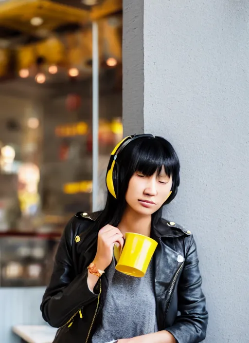 Image similar to young adult asian woman in a coffee shop wearing bright yellow headphones and a leather jacket looking unamused, natural light, magazine photo, 5 0 mm