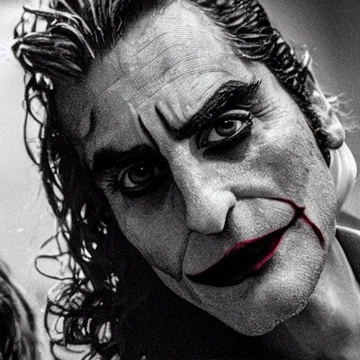 Prompt: detailed 4 k photorealistic lady gaga and joaquin phoenix footage in next joker movie in the style of nick ut and eddie adams and margaret bourke and yousuf karshs and alfred eisenstaedt