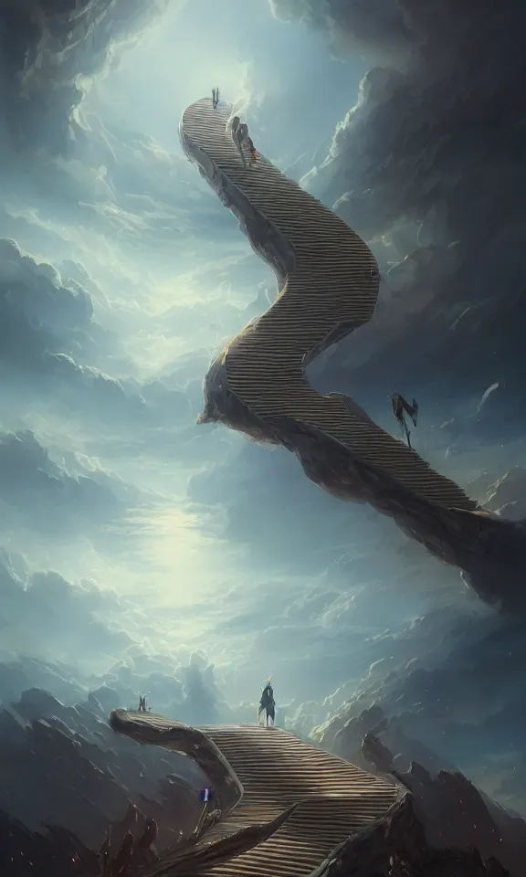 Image similar to endless stairs to universe, sky full of clouds, art by greg rutkowski and peter mohrbacher, featured in artstation, octane render, cinematic, elegant, intricate, ultra detailed, rule of thirds, professional lighting, unreal engine, fantasy, concept art, sharp focus, illustration, 8 k