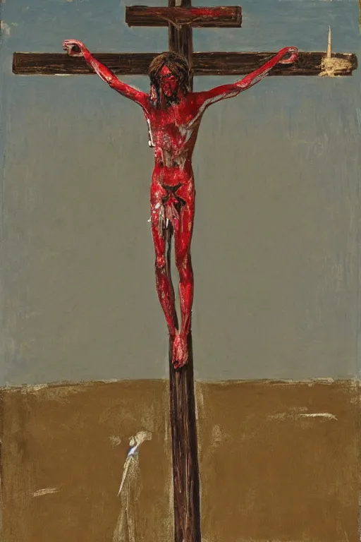 Image similar to bloody christ crucified and some bright ufo in the sky painted by cy twombly and andy warhol