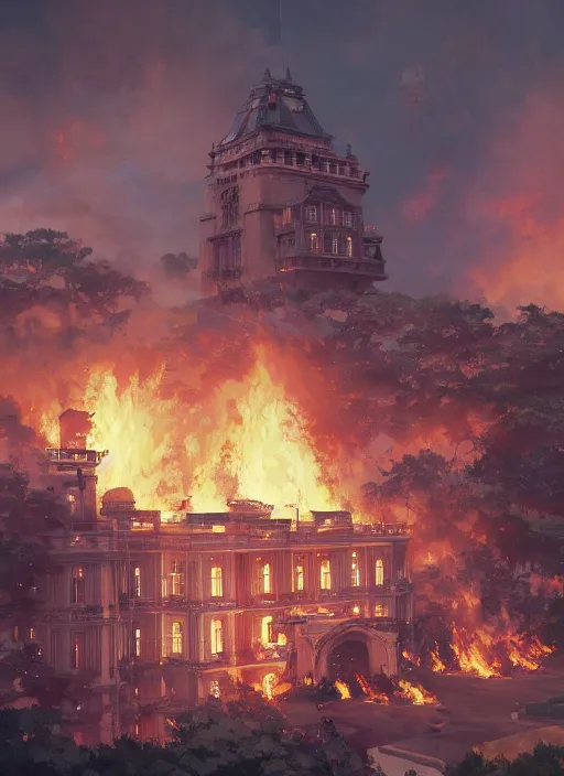 Image similar to highly detailed image of ferdinand marcos burning in malacanang palace, stephen bliss, unreal engine, fantasy art by greg rutkowski, loish, rhads, ferdinand knab, makoto shinkai and lois van baarle, ilya kuvshinov, rossdraws, tom bagshaw, alphonse mucha, global illumination, radiant light, detailed and intricate environment